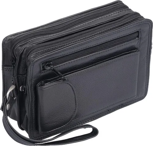 Schwarze Herrengelenktasche aus Leder mit 2 Hauptfächern - Umhängetasche aus hochwertigem Leder mit 2 großen Reißverschlussfächern, ideal für den stilvollen Transport von Brille und Taschentüchern.