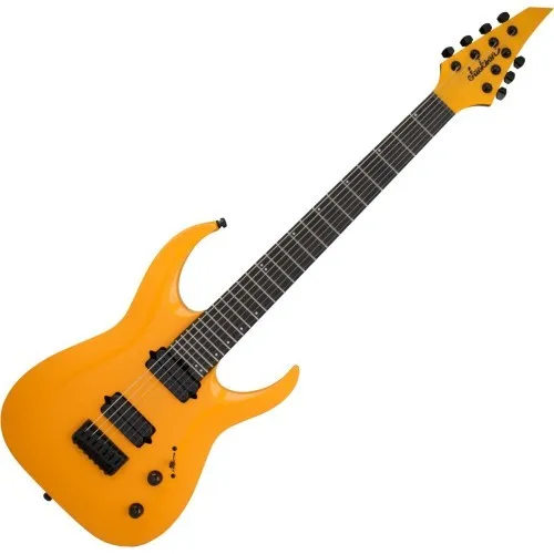Jackson Pro Plus Series Misha Mansoor Juggernaut HT7 - Signal Yellow - Artist Signature Gitarre mit Pappel-Korpus und Ebenholz-Griffbrett, ausgestattet mit 2 x Jackson Uncovered MM1 Tonabnehmer, inklusive Jackson Gigbag für optimalen Schutz.