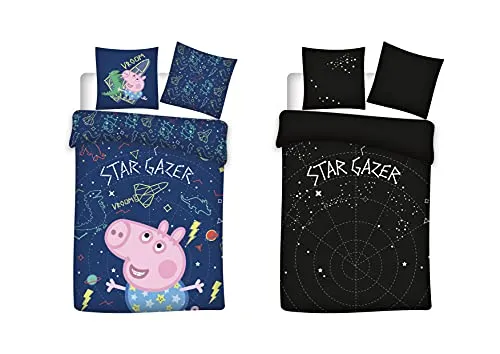 BrandMac Peppa Wutz Bettwäsche 100x135 40x60 „Star Gazer“ mit George – Peppa Pig Kinderbettwäsche zum Wenden - Leuchtet im Dunkeln - Kopfkissen- und Bettdeckenbezug aus 100% Baumwolle