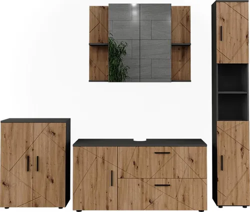 Vicco Badmöbel-Set Irma, Anthrazit/Artisan, 4 Teile - Das Vicco Badmöbel-Set Irma vereint stilvolle Eleganz und praktischen Stauraum. Mit einem Waschbeckenunterschrank und Spiegelschrank ist es die perfekte Ergänzung für Ihr Badezimmer. Genießen Sie Ordnung und Stil in einem.