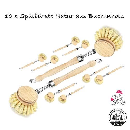 10x Spülbürste Holz Bürste Buchenholz Natur Fiber Pflanzenborsten vegan