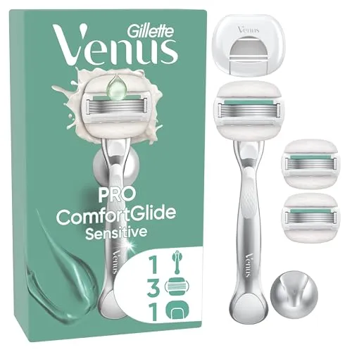 Gillette Venus Pro Comfortglide Sensitive Rasierer Damen, Nassrasierer mit Einem Hauch von Aloe Vera — Inkl. 3 Ersatzklingen, Langlebiges Metallhandstück und Duschhalterung — Silber