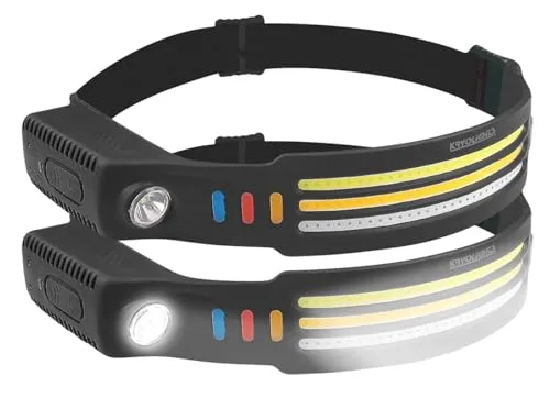 KryoLights LED Kopflampe: 2er-Set Akku-Stirnlampen & Flutlicht, 3 SMD-COB-LED-Bänder, 3.000 lm (Stirnlampe Rotlicht, Stirnlampe wiederaufladbar, Lampe mit Bewegungsmelder)