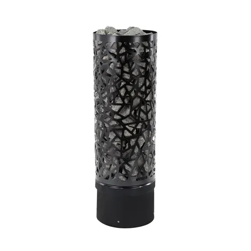 Infraworld Atlas Round Black 9 kW Saunaofen - Eleganter finnischer Saunaofen mit mattschwarzer Oberfläche und offenem Steinkorb für kraftvolle Aufgüsse – ideal für jede Sauna.