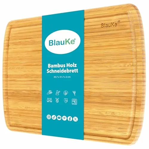 Schneidebrett aus Holz mit Saftrille (45x31cm) – Extra Großes Bambus Küchenbrett, Servierplatte für Fleisch, Käse, Gemüse, Wurst – Holzbrett Küche Groß, Brotbrett, Frühstücksbrettchen – BlauKe®