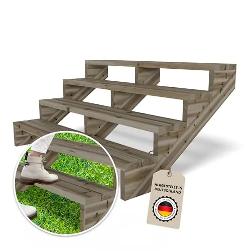 Gartenwelt Riegelsberger Terrassentreppe Breite 150 cm Treppe mit 4 Stufen Geschosshöhe 72 cm Massivholz Kiefer kesseldruckimprägniert Komplett-Set Wangen, Bohlen & Schrauben
