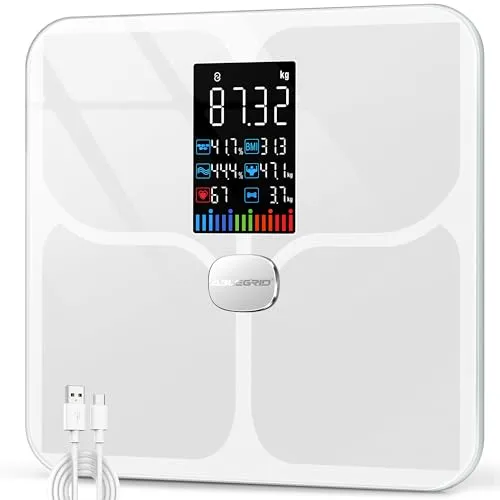 ABLEGRID Wiederaufladbar Körperfettwaage, LED Personenwaage Digital Mit Körperfett Und Muskelmasse Körperfettanalyse, 16 Messungen Der Körperzusammensetzung BMI, Herzfrequenz, 180kg, Weiß