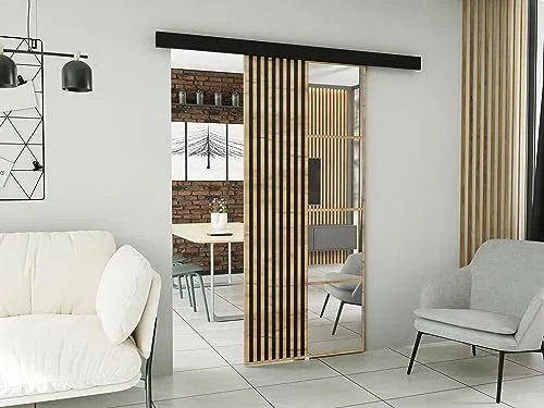 KIER FURNITURE Wandschiebetüren mit Spiegeln MOLI 90 – Schiebetür Komplettset Schiene Komplettset Mit Tür – Zimmertüren Mit Zarge Komplett - B96xH205xT1,6 cm - Eiche Craft Golden