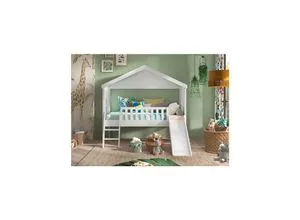 Hausbett mit Leiter und Rutsche 90 x 200 cm - Kinderzimmermöbel mit Dachaufbau, Leiter und Rutsche für Spiel und Spaß. Inklusive Rolllattenrost und weiß lackiertem Kiefernholz, ideal für kreative Schlafräume.