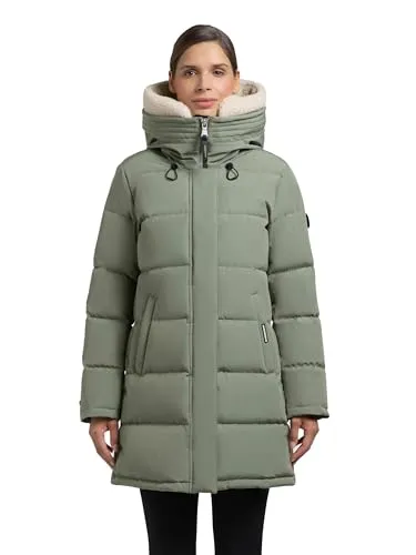 khujo Damen langer Wintermantel warmer Steppmantel mit abnehmbarem Kunstfell-Besatz und magnetischen Details Kelsi Muted Green Gr. S