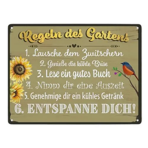 Regeln des Gartens Lausche dem Zwitschern Genieße die kühle Brise Lese ein gutes Buch Nimm dir eine Auszeit Genehmige dir ein kühles Getränk Entspanne dich! Metallschild XXL