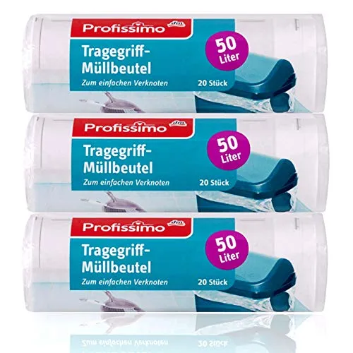 Profissimo Tragegriff-Müllbeutel 50l (60 Stück), 3er Pack - Reißfest & Flüssigkeitsdicht - (3 x 20 Stück)