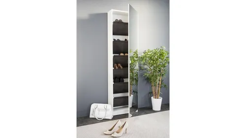 Schuhschrank Zuma mit Spiegel - Regal für Erwachsene mit 6 Fächern, modernes Design in Weiß, einseitig bedienbar und inklusive Spiegel - ideal für den Flur und platzsparend.