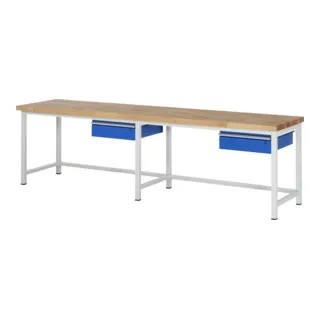 Werkbank Modell 8001 - Robuste Buche-Massivplatte 3000x900x840mm - Hochwertige Werkbank mit 40 mm Buche-Massivplatte, ideal für anspruchsvolle Projekte. Stabiler Stahlrahmen, 2 Schubladen und maximale Flächenlast von 1.250 kg. Perfekt für die professionelle Nutzung.