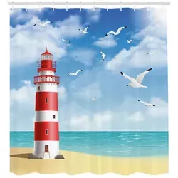 ABAKUHAUS Strand Duschvorhang, Leuchtturm Möwen Ozean - Duschvorhang aus hochwertigem 100% Polyester, wasserabweisend und waschmaschinenfest. Inklusive 12 Haken und lebendigen Farben für ein einzigartiges Badezimmerdesign.