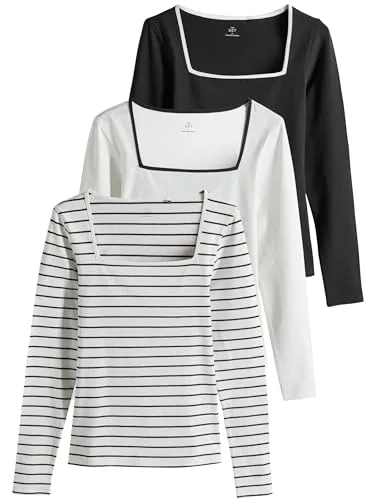 THE SET Damen t Langarmshirts mit eckigem Ausschnitt, 3er-Pack Schwarz/Weiß/Streifen XS