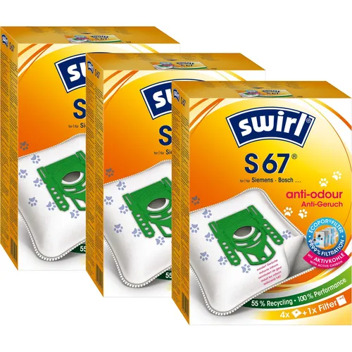 SWIRL Staubsaugerbeutel S 67 EcoPor® Anti-Geruch für Siemens & Bosch - 12 Stück - Hochwertige Staubsaugerbeutel mit Anti-Geruch-Technologie für optimale Hygiene. Kompatibel mit Siemens und Bosch Geräten, ideal für eine saubere und frische Wohnumgebung.