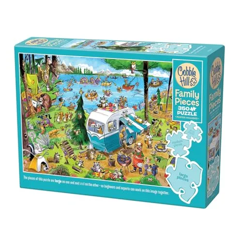 Cobble Hill 3847024 Verrückter Campingausflug, Familienpuzzle, 350 Teile Puzzle mit unterschiedlich großen Puzzleteilen inkl. Poster, Generationenpuzzle ab 9 Jahren, Wimmelbild