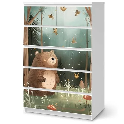 Sunnywall® Möbelfolie passend für IKEA Malm Kommode Schrankfolie Aufkleber mit Kleiner Bär im Wald Motiv | blasenfrei verkleben | Kinderzimmer 6er 80 cm