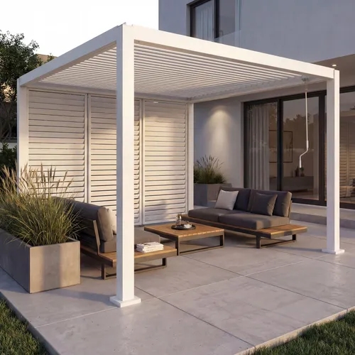 MCW Pergola Weiß Metall 302x235 cm – Flexibler Sonnen- & Sichtschutz - Moderne Pergola mit drehbarem Lamellendach für individuellen Schatten und Belüftung. Stabil und sturmfest, ideal für entspannte Stunden im Freien. In verschiedenen Ausführungen erhältlich.