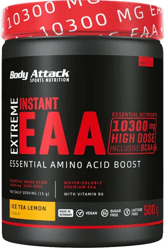 Body Attack Extreme Instant EAA - 500 g Orange - Sportnahrung mit allen 8 essentiellen Aminosäuren, ideal für Veganer und sehr gut löslich in Wasser.