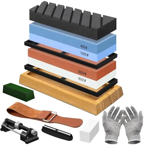 UCAMP Schleifstein Abziehstein,Schleifstein Set,Doppelseitig 400/1000 und 3000/8000 Grit Messerschärfer,mit Rutschfeste Unterlage,Winkelführung,Lederriemen,Schnittschutz Handschuhe,Polierpaste