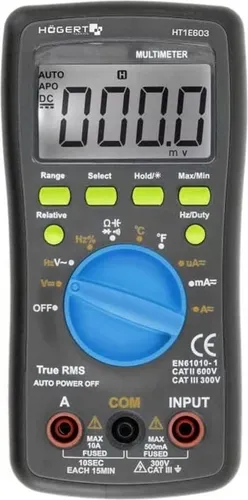 Högert Technik - Multifunktionales Digitales Messgerät, Multimeter bis 600V / 10A, RMS, LCD-Bildschirm, Gummiummantelung, Ergonomisch und Kompakt, Inklusive Messkabel, HT1E603