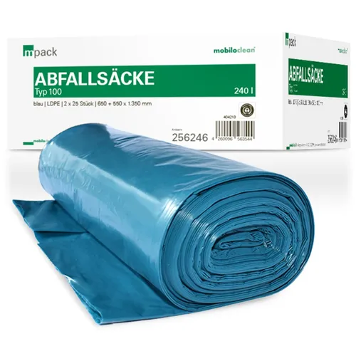 mpack Abfallsäcke 240 Liter T100 (80my) blau - Robuste Abfallsäcke mit 240 Litern Volumen, ideal für große Müllmengen. Die blaue Farbe sorgt für eine einfache Identifikation. Perfekt für den professionellen Einsatz.