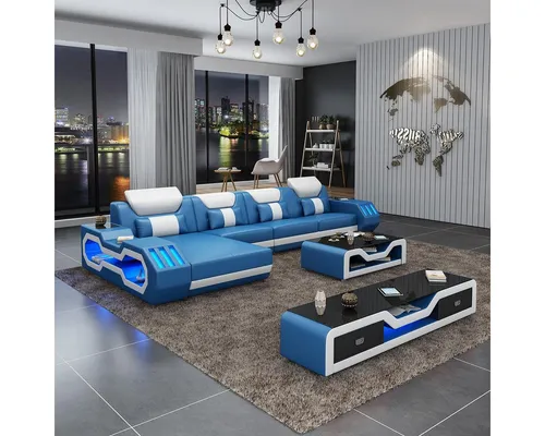 Designer Wohnlandschaft L-Form Ecksofa in Blau - Moderner 3-teiliger Sofa mit Platz für bis zu 4 Personen. Die hochwertige Polsterung und das Leder-Gestell sorgen für Komfort und Stil in Ihrem Wohnzimmer.