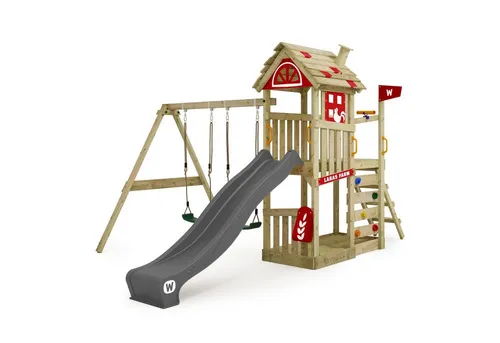 WICKEY Spielturm Klettergerüst FarmFlyer mit Schaukel & Rutsche - Schaukeln im eigenen Garten: Der FarmFlyer mit 120 cm Podesthöhe bietet einen großen Sandkasten, eine stabile Schaukel und eine Rutsche mit Wasseranschluss für endlosen Spielspaß.
