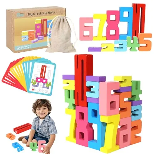 Axinost 20 Stück Wooden Number Building Blocks,Holz-Ziffer-Bauklötze,Sensorische Ziffernklötze,Zahlenbausteine,Montessori Spielzeug ab 3 Jahre, Vorschul-Lernaktivitäten für Geburtstagsgeschenke