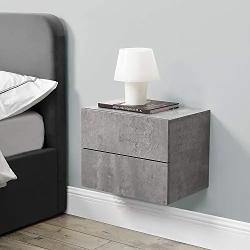 [en.casa] Nachtschrank Ampfing - Hängendes Nachtkästchen in Betonoptik - Schweberegal in stilvollem Design mit 2 Schubladen, ideal für kleine Räume und bietet praktische Aufbewahrungslösungen.