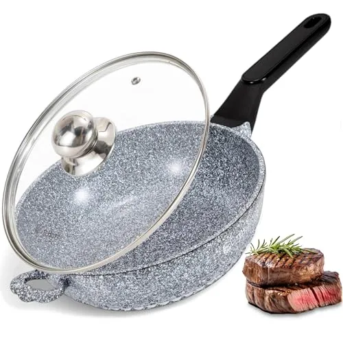 EliteHoff Antihaft Pfanne mit Deckel, Bratpfanne mit Antihaftbeschichtung, Induktionspfanne, Aluminium Bratpfanne mit Marmorbeschichtung für alle Herdarten (Grau, 24 cm)