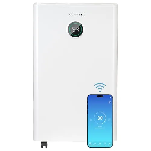 KLAMER Luftentfeuchter elektrisch 25L - Luftentfeuchter für Schimmelprävention, effiziente 180m³ Luftumwälzung pro Stunde, einfache Steuerung per Touch oder App, energiesparend mit Timer-Funktion.