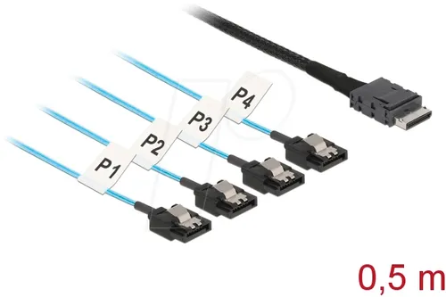 DELOCK 85468 - OCuLink Kabel SFF-8611 > 4 x SATA 7 Pin, 0,5 m Länge, ideal für den Anschluss von HDDs mit sicherem Einrasten durch Metallclips