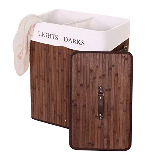 Wäschekorb HWC-C21AM, Bambus Wäschebox mit 2 Fächern - Wäschekörbe mit 100l Volumen, ideal zum Sortieren von heller und dunkler Wäsche. Stabiler Metallrahmen, herausnehmbarer Wäschesack und praktische Tragegriffe.