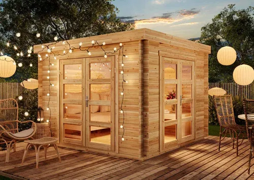 Alpholz Gartenhaus Holz Paloma Beach 304x304 cm - Gartenhaus mit 28mm Wandstärke und hochwertigem Massivholzboden, ideal für den Garten oder als Lagerraum. Inkl. Doppeltür und Echtglasfenstern für optimale Nutzung.