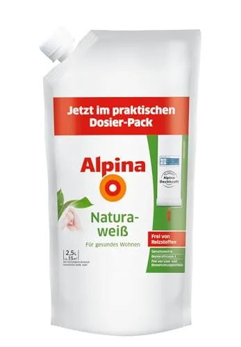 Alpina Wandfarbe Naturaweiß matt im praktischen Dosier-Pack – ergiebig, gut deckend & reinigungsfähig – 2,5 Liter