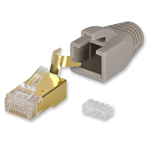 Yonix 10 x Netzwerkstecker RJ45 Cat 7 / 6A | vergoldet | Einführhilfe | Knickschutz | Tülle grau | NSY-758GR