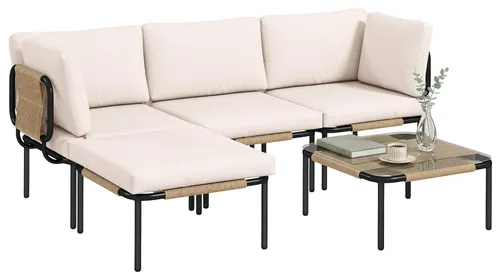 Outsunny 5-teiliges Sitzgruppen Set mit Glastisch und Hocker, Polyrattan, Khaki - Gestalten Sie Ihre Gartenlounge flexibel mit dem Outsunny 5-teiligem Set. Breite Sitze, dicke Kissen und wetterfestes Rattan bieten Komfort und Stil für entspannte Stunden im Freien.