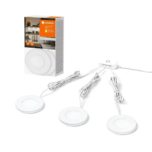 LEDVANCE Unterschrankleuchte 75MM 830LEDV - Set aus 3 Leuchten - Unterschrank Beleuchtung mit modernem, rundem Design und warmweißem Licht (3000K). Energiesparend und flexibel montierbar, ideal für Küchen und Schränke.