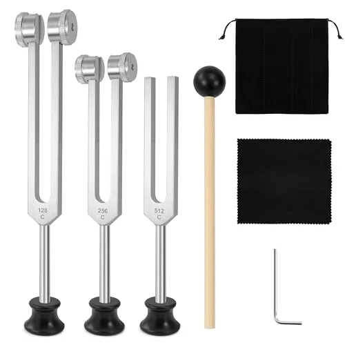Yesaler Stimmgabel-Set 128Hz 256Hz 512Hz Aluminiumlegierung Stimmgabel Angebot Genaue Frequenzgang mit einem für Klangtherapie Anti-Stress Yoga Meditation (Silber)
