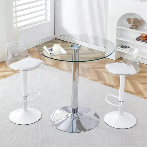 STILVORA Glastisch 89 cm Durchmesser mit Hocker-Set - Transparent & Gold - Modernes Rundtisch-Set mit transparentem Glastisch und 2 höhenverstellbaren Barhockern in Goldoptik. Ideal für Küche oder Lounge, sorgt für stilvolle Akzente und flexible Nutzung.