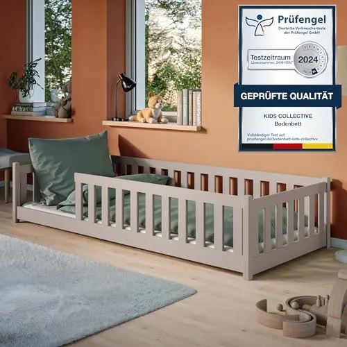 Montessori Kinderbett 90x190 cm mit Matratze und Rausfallschutz - Bodenbett aus massivem Kiefernholz, ideal für Kinder und Jugendliche. Sicheres Schlafen mit abnehmbarem Rausfallschutz und stabiler Konstruktion für gemeinsame Gute-Nacht-Geschichten.