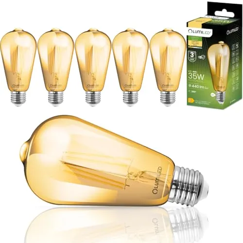 Lumiled Edison Vintage Glühbirne, 6er-Pack ST64 E27 LED Lampe 4W (35W) 440lm, Retro Antike Glas Leuchtmittel 2000K Amber Licht Traditionelle Warmglow Birne 360° Filament Fadenlampe