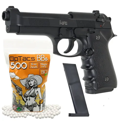SET Spielzeug - Pistole - HFC M9 (HA 118B) Federdruck 0,5 J + 500 OpTacs Bio BBs