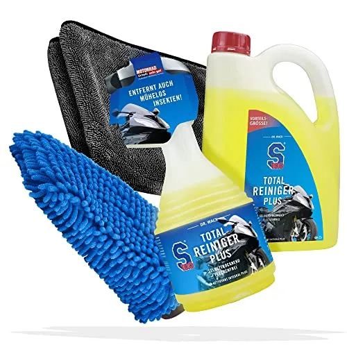 Motorrad Reinigung & Trocknen Bundle - Dr. Wack S100 Total Reiniger 0,75 Liter + S100 Total Reiniger Plus 2 Liter + detailmate Trockentuch, extrem saugfähig + Waschhandschuh