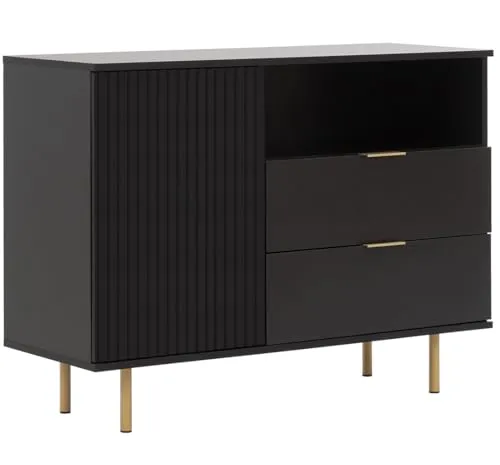 Marmex Nubia 01S Kombikommode, 1-türige Kommode mit 2 Schubladen, Kommode auf hohen Beinen, Kommode mit gefrästen Schranktüren, 107x80x41 für Wohnzimmer, Schlafzimmer, Flur (schwarz)