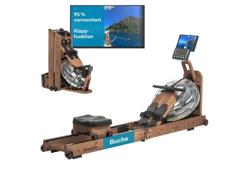 Skandika Rudergerät Nytta, Wasserrudergerät für Zuhause, Buchenholz, Transportrollen, 45° Tank, klappbar, Kinomap App, LCD-Display, Bluetooth, bis 150 kg