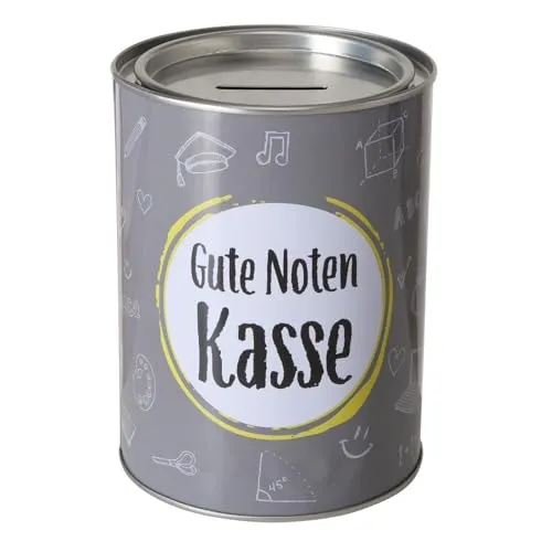 ReWu Spardose Sparschwein Schriftzug Gute Noten Kasse - Deckel abnehmbar - Grau Wiederverwendbar Metall Sparbüchse Geldgeschenk Geschenkidee Geldspardose Metallspardose 14 x 10 cm